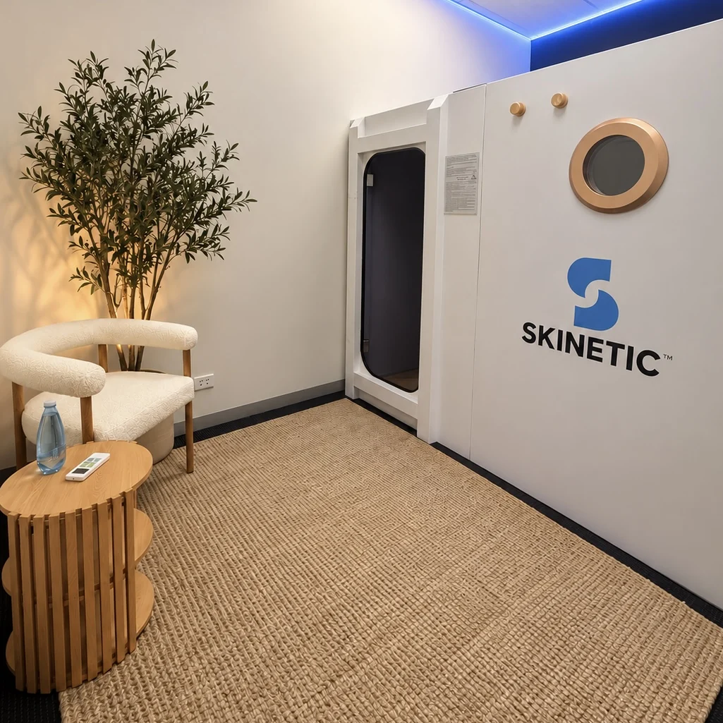 Exterior and entrance of My BioHealth’s seated hyperbaric chamber in Campbellfield