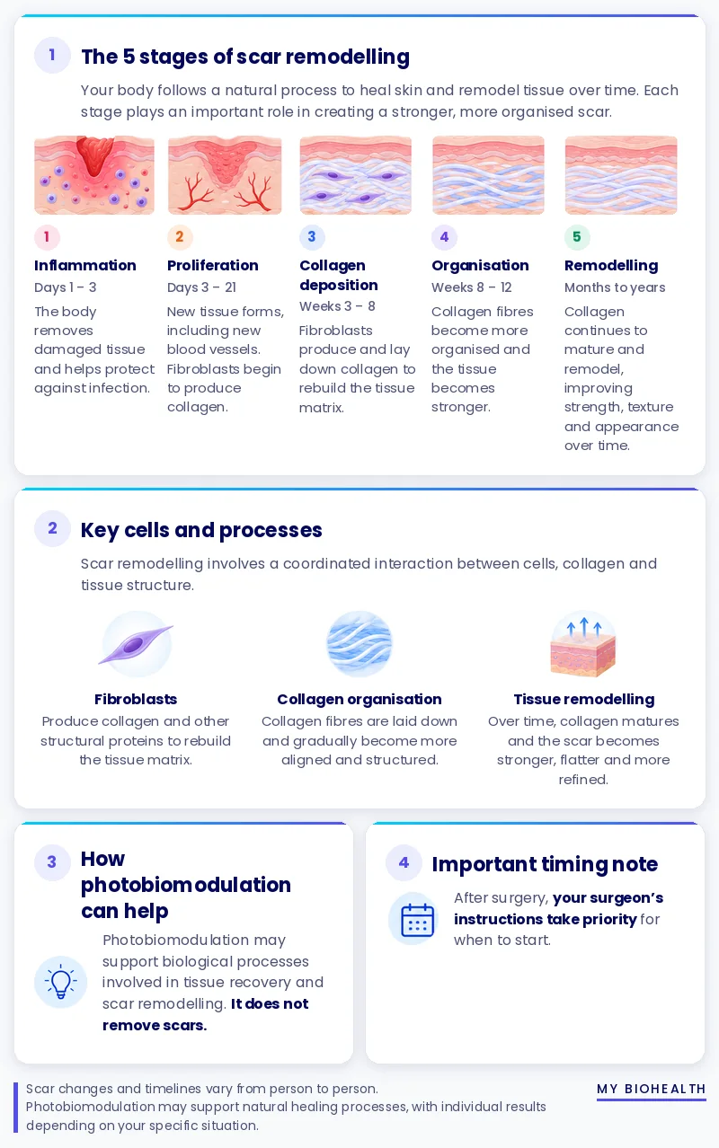 Infographic of the five stages of scar remodelling, the key cells and processes involved, and a reminder that your surgeon’s instructions take priority for when to start