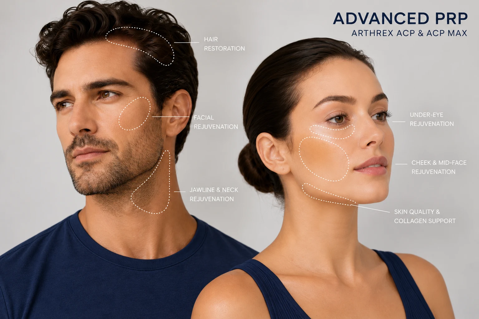 Illustration of advanced PRP treatment areas for hair, face, under-eyes and neck