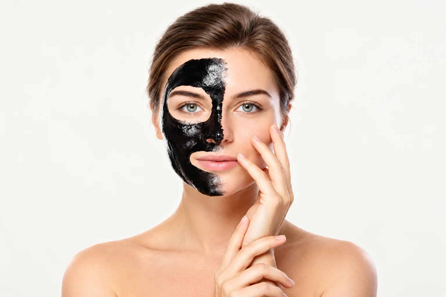 Illustrative portrait showing a carbon facial mask
