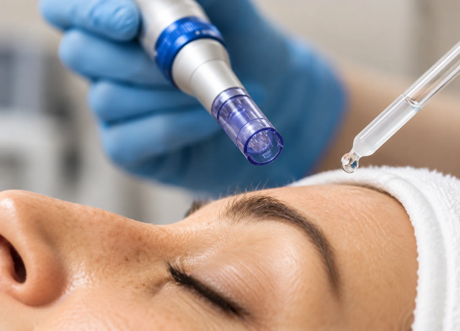 Illustrative skin needling appointment with a pen and serum beside the forehead