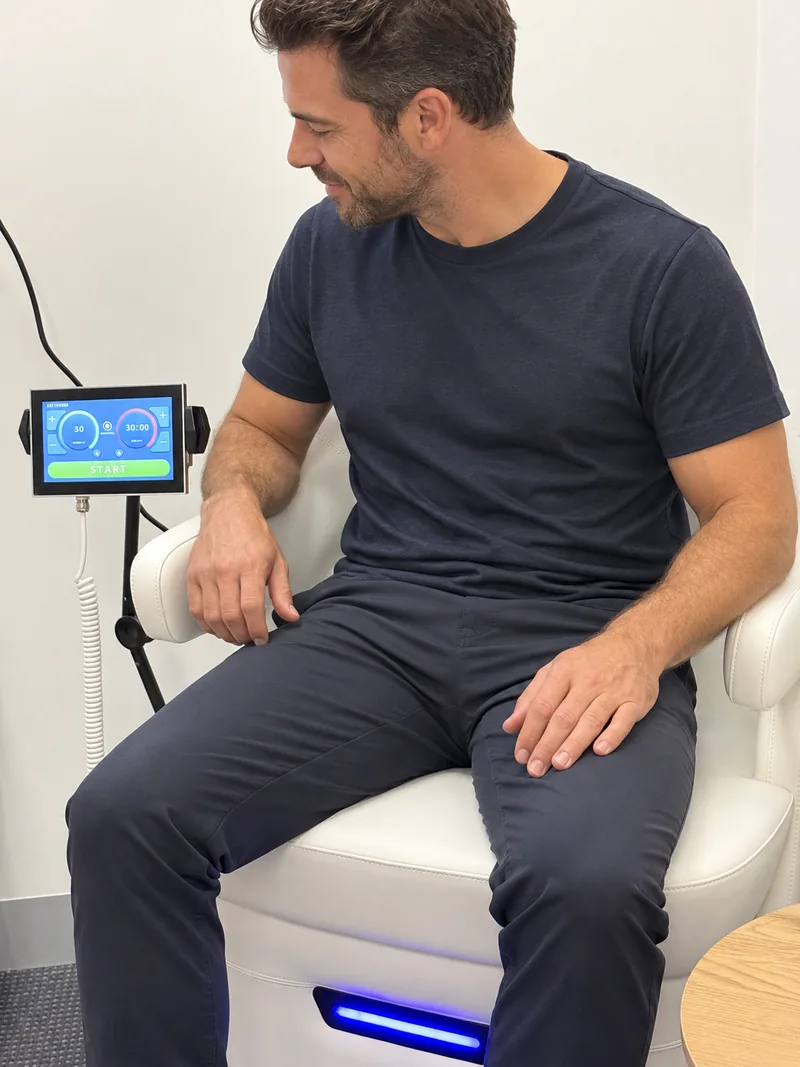 A man sitting fully clothed on the pelvic floor chair in a private treatment room, with the chair control screen showing a 30-minute session