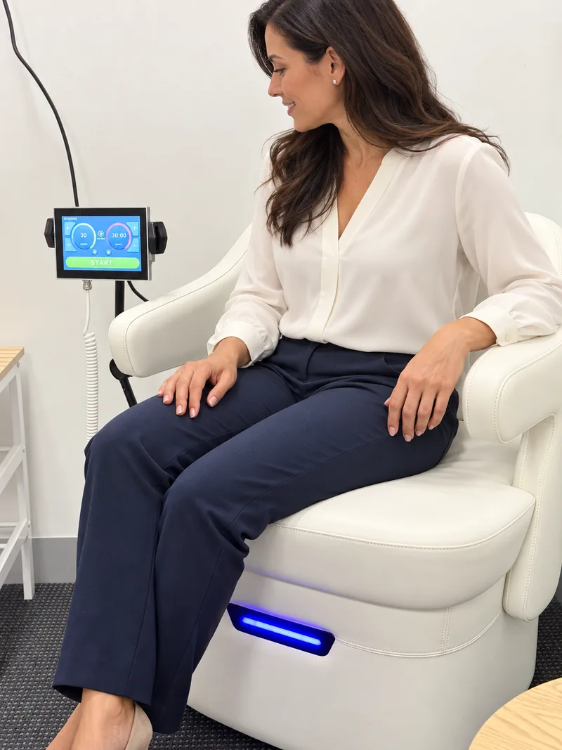 A woman sitting fully clothed on the pelvic floor chair in a private treatment room, with the chair control screen showing a 30-minute session